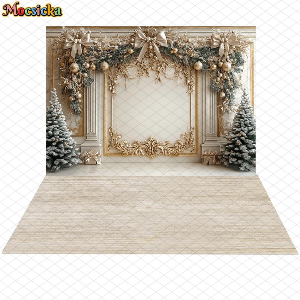 Mocsicka Christmas Background Photography New Year Party Tree Beige Wall Decorations Adult Child Photo Backdrop Studio Wallpaper