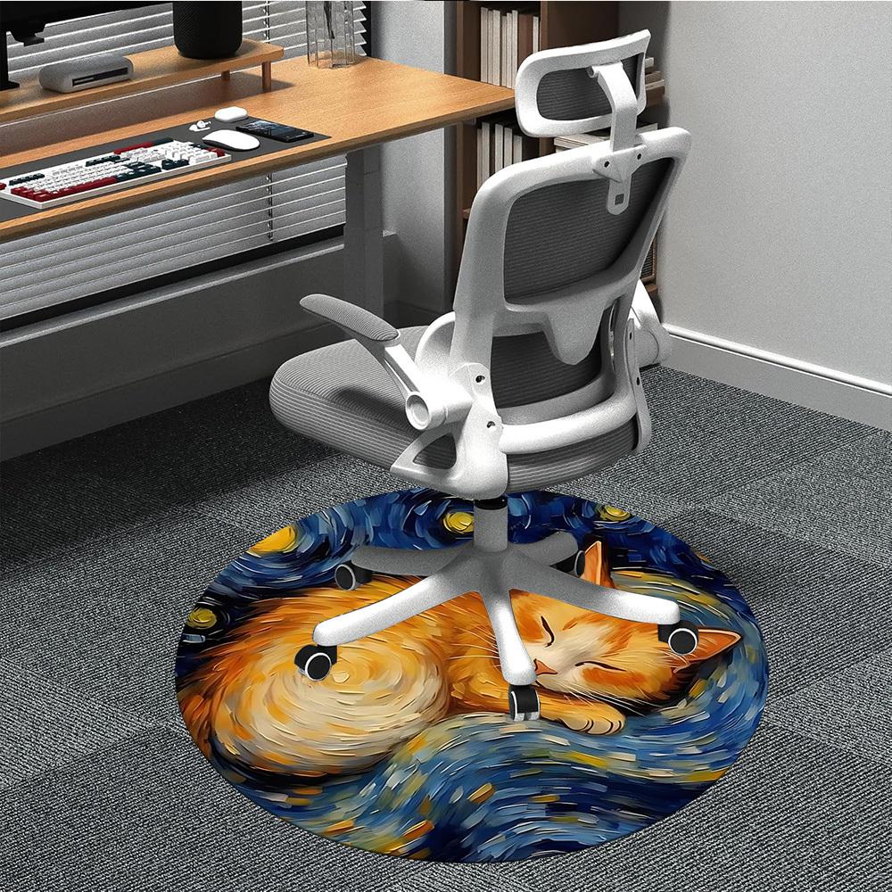 

1PC Cat Night Office Round Area Rug, Indoor Mat Suitable For Office, Under Office Chairs Bedroom Living Room Home Decor, Room Deco 189 80cm by 80cm