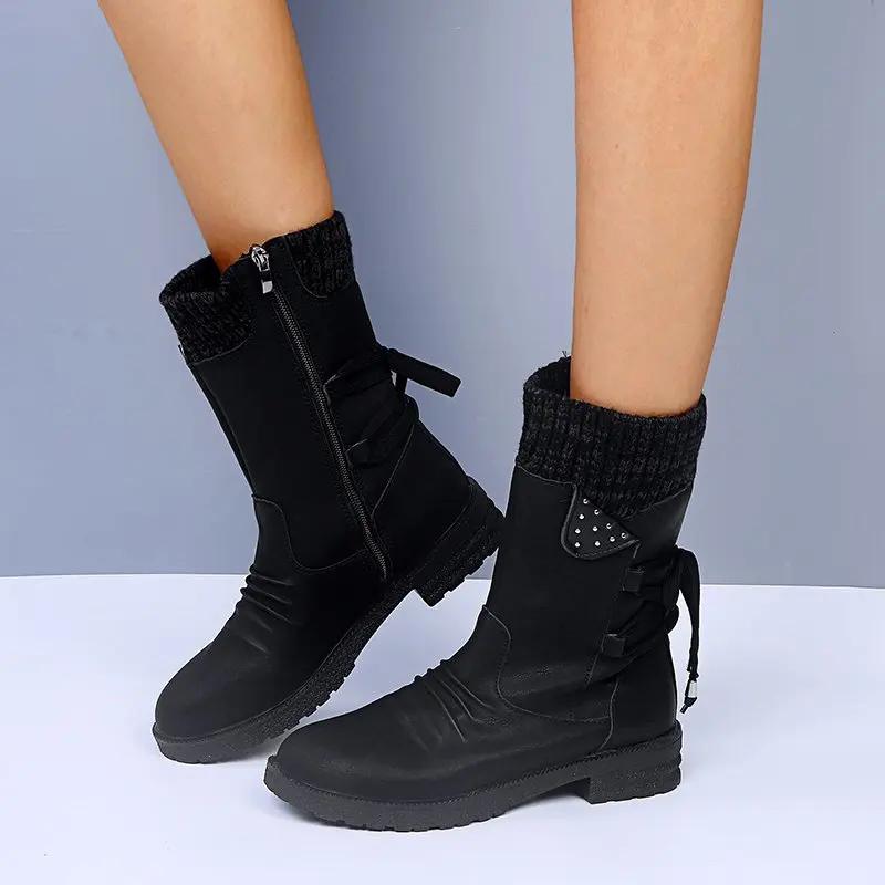 Mode Damen Retro Warme Wollstiefel Wintermode Schnürung Plateau Lässige Baumwollschuhe Flauschiges Plüsch Wildleder Kälteabweisende Kurze Schneestiefel