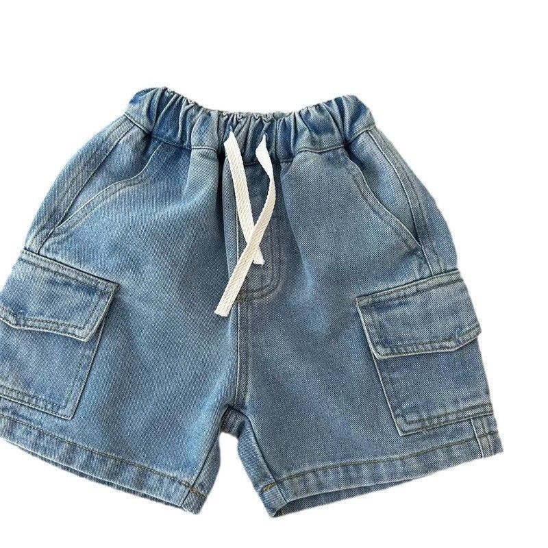Summer Children's Girls and Boys Denim Shorts Elastic Waist Drawstring Solid Color Pocket Cargo Jeans Baby Boys Casual Shorts