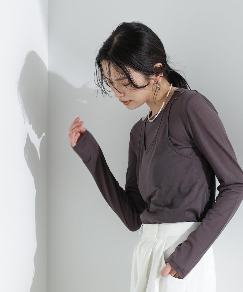 Nano Universe Sheer Tank Top and Long Layered F Women's T-Shirt Set, 023, Charcoal, 669-5123307