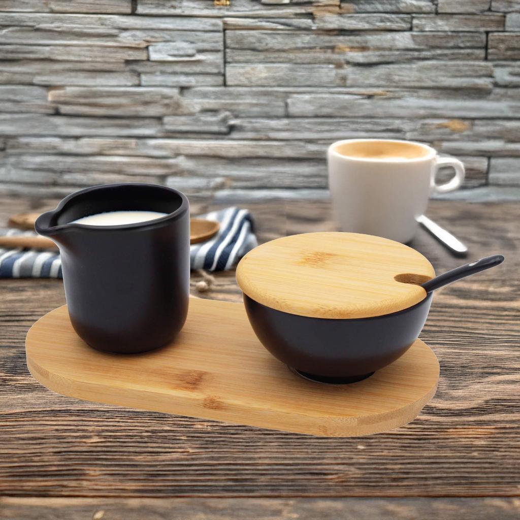 Zestaw ceramiczna cukierniczka i mlecznik na bambusowej podstawce BRUNBESTE BB-4503