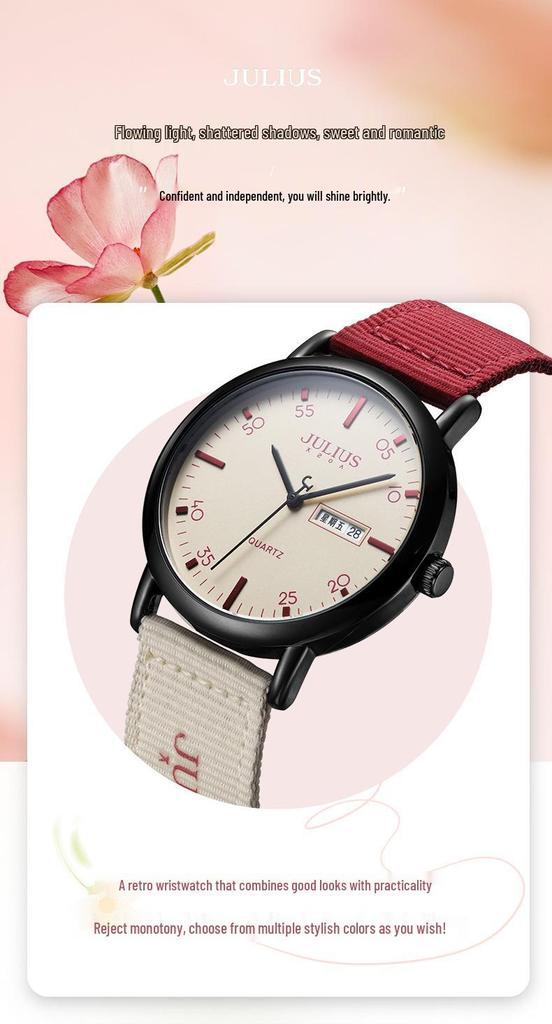 JULIUS Julishi JA-1563: Silent Quartz Waterproof Wristwatch with New Nylon Strap