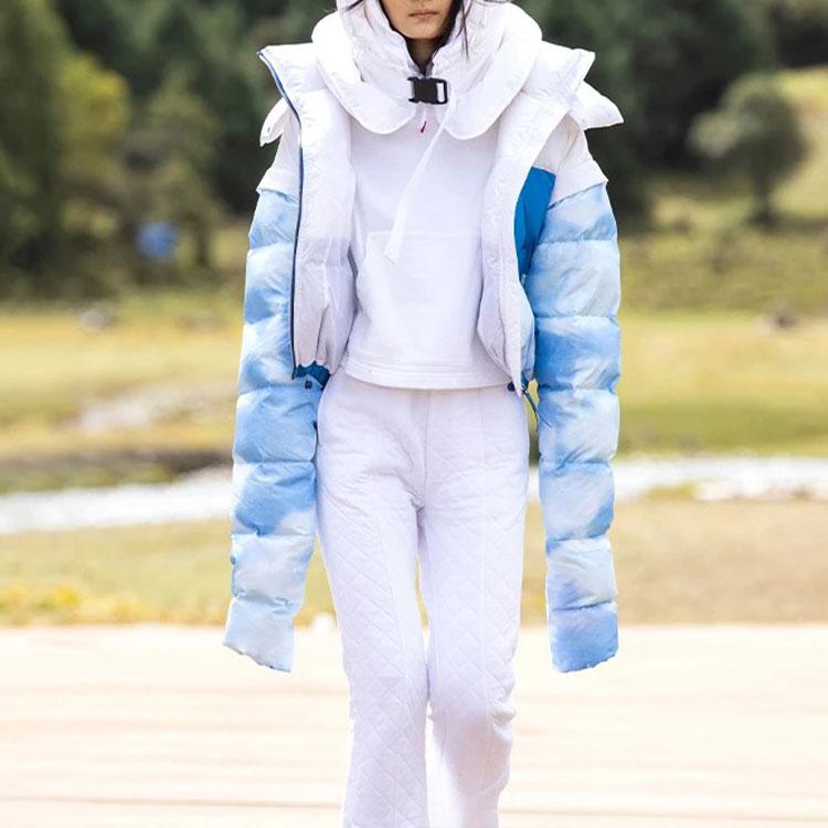 Li Ning CF Wu Xing Series Detachable Sleeve Gradient Print Short Hooded Down Jacket Women Jacket White AYMR496-1