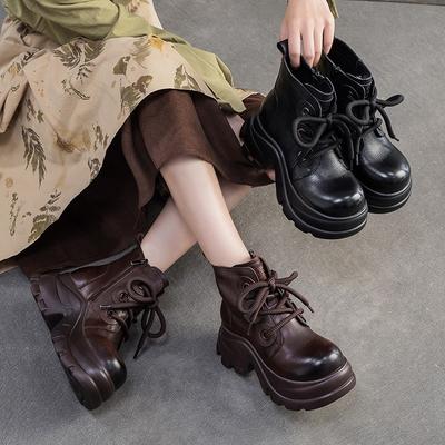 Round Toe Platform Short Boots Retro Genuine Leather Thick Soled Height Increase Women's Shoes