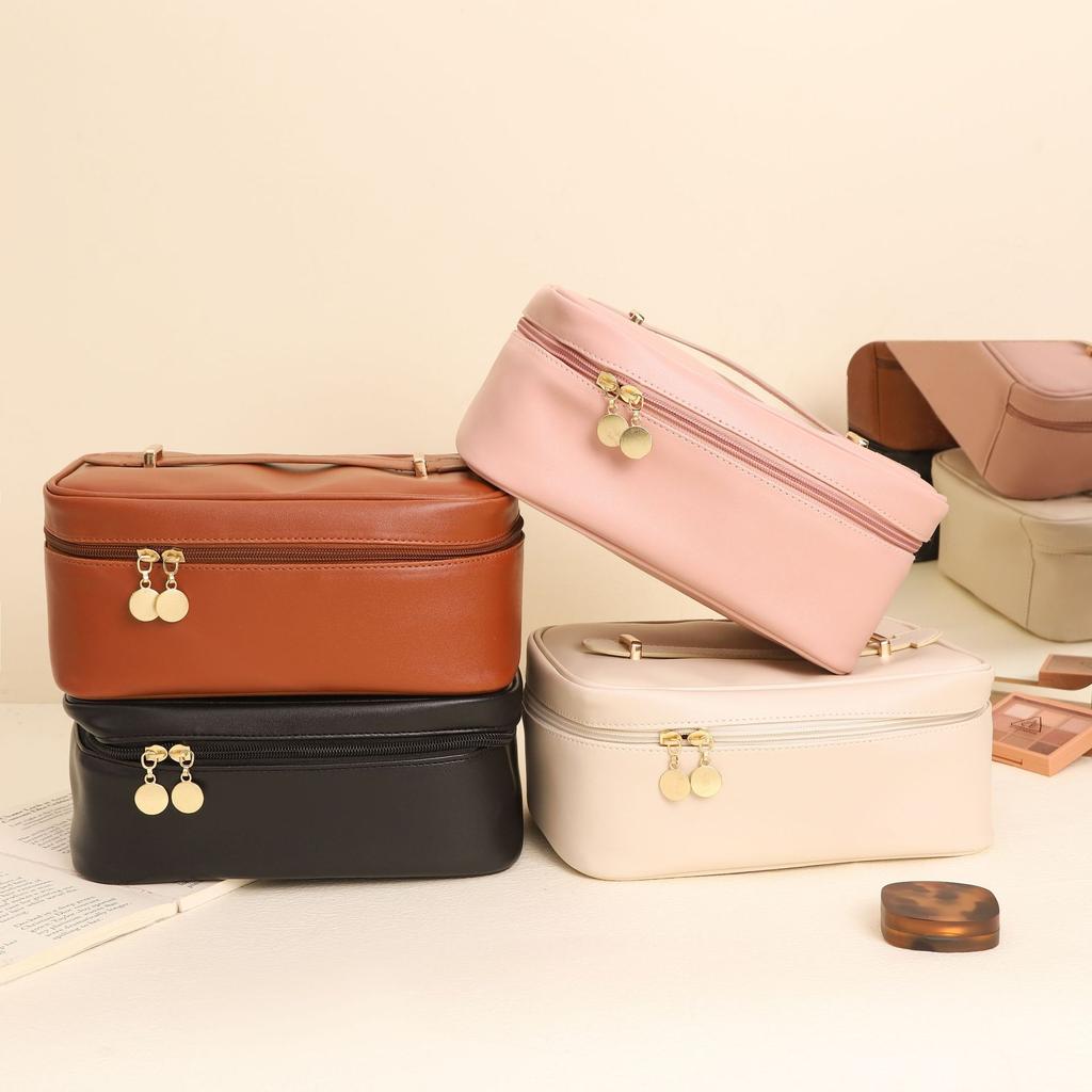 Cosmetic Bag Fashion Square Leather Portable Handheld Makeup Bag Short Trip Toiletries Storage Cosmetic Bag