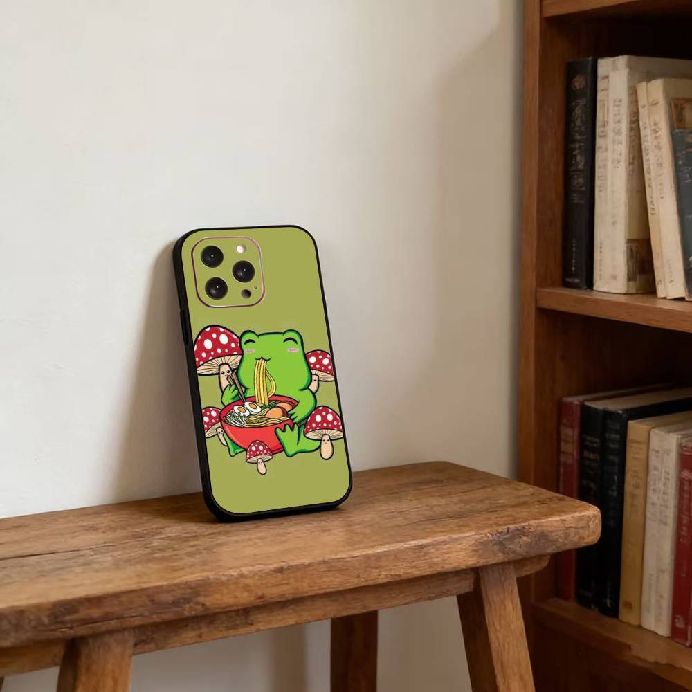 

Autumu Mushroom Frog Phone Case For iPhone 17,16,15,14,13,12,11 Plus,Pro Max,XS,Soft Silicone Black Cover iPhone15ProMax