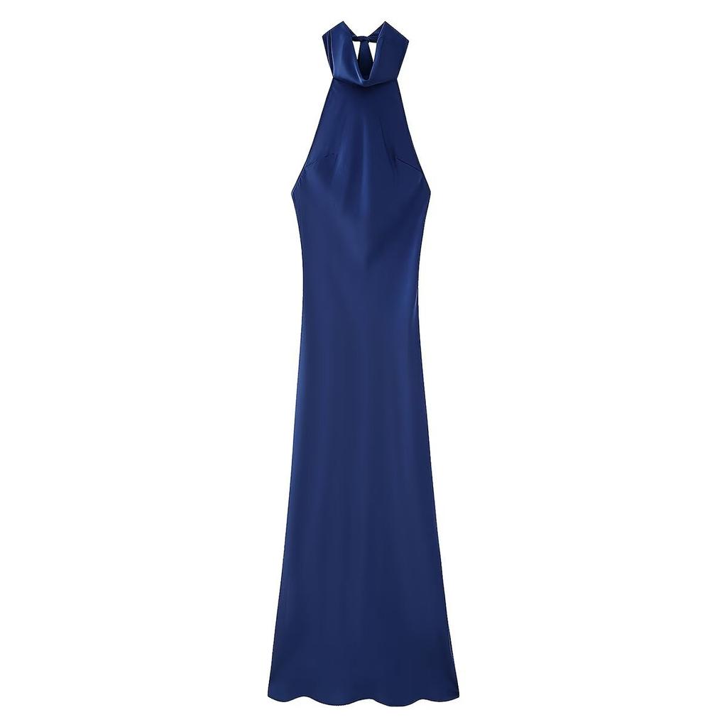 Autumn new high-end French elegant neck halter silk satin texture dress women's clothing European and American style