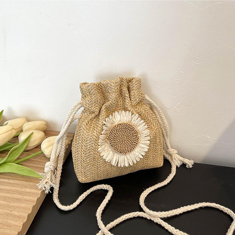 Słomkowe torby plażowe ze sznurkiem, torby z haftem kwiatowym, damskie plażowe torby typu bucket crossbody do podróży