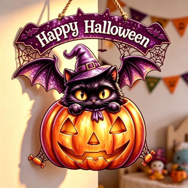 Seasonal Halloween Door Sign Wood Wall Plaque with Rope Cord, Greeting Accent for Entryway Porch Window and Party Display Styling Use