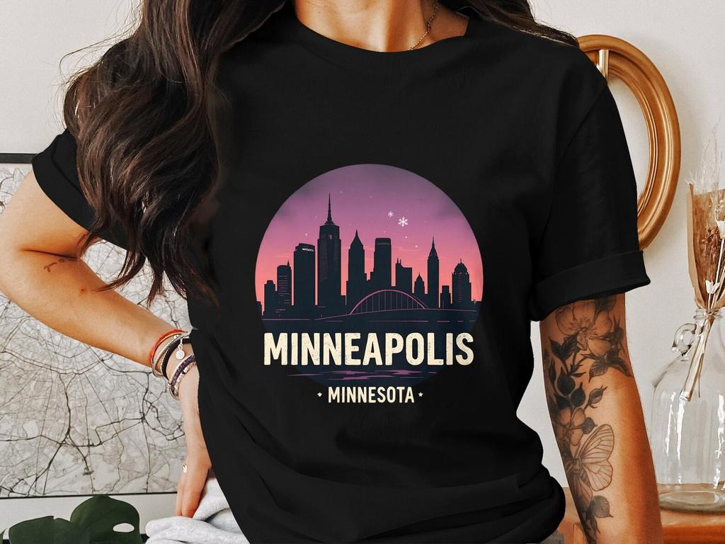 Minneapolis Cityscape Retro Design T-Shirt, Vintage Minneapolis Shirt, Cool Graphic Tee, 80s Inspired Minneapolis Top