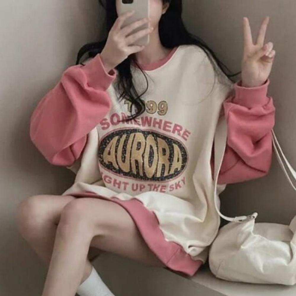 Navava Long Sleeve Round Neck Retro Printing Color Block Sweatshirt Nt2235