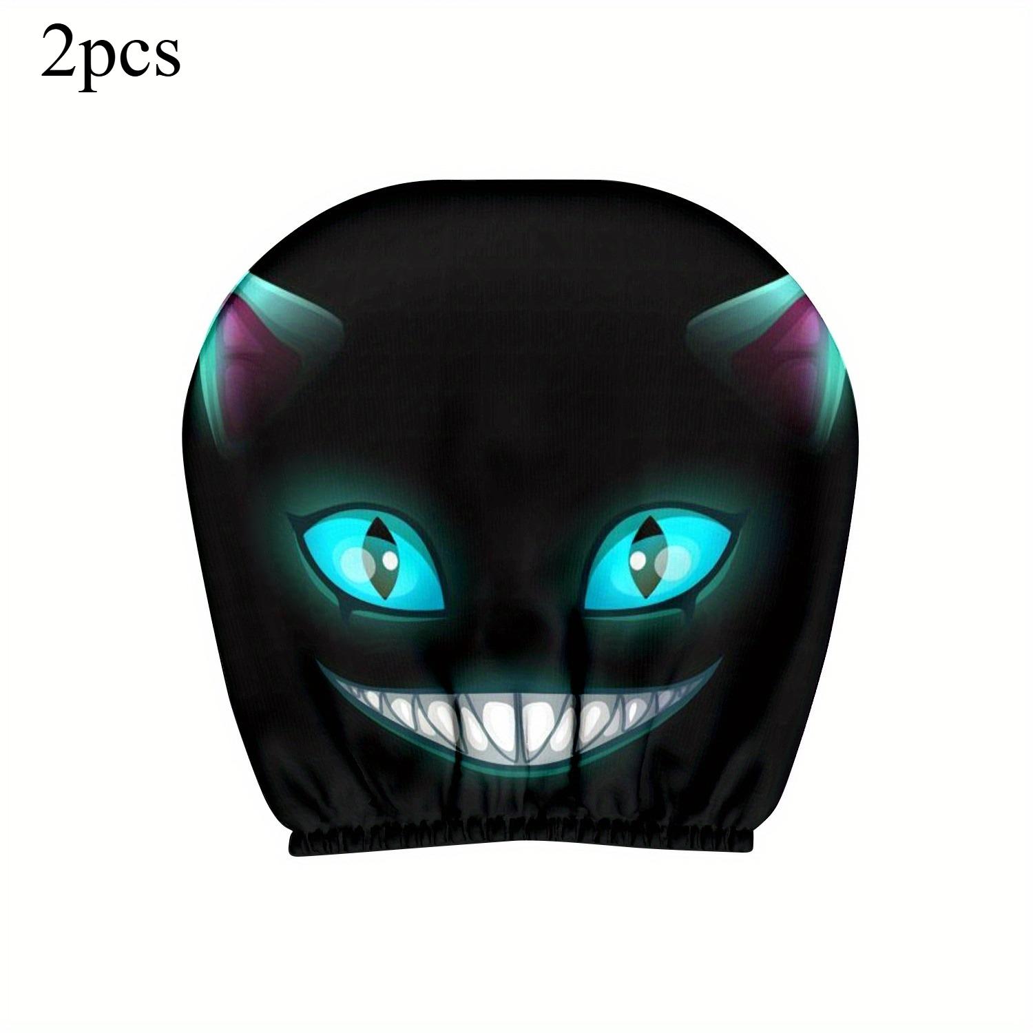 2pcs Smiling Cat Car Seat Headrest Pillow Covers Black with Glowing Blue Eyes Car Accessories Durable Comfortable Interior Decor