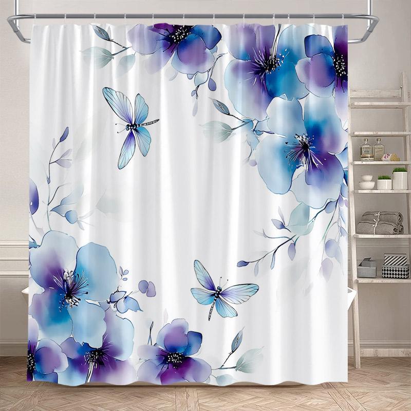 Butterfly Floral Shower Curtains Watercolor Purple Lavender Hummingbird Dragonfly Flower Plant Bathroom Curtain Decor with Hooks