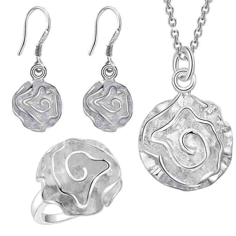 925 Silver Plated Rose Flower Necklace Ring Earrings Set Three 2026 7