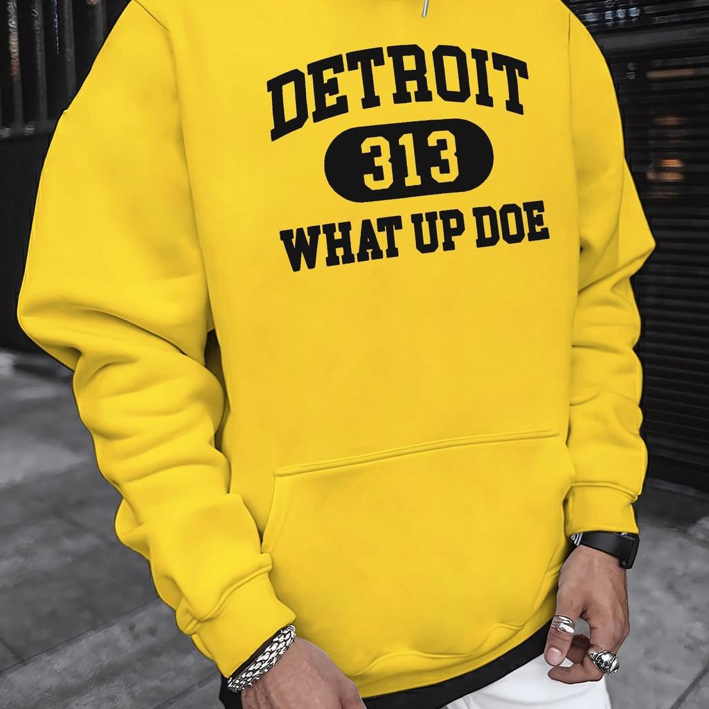 DETROIT 313 WHAT UP DOE Men'S Hooded Sweatshirt - Casual Long Sleeve, Printed Pullover for Autumn & Winter, loose Sweatshirts