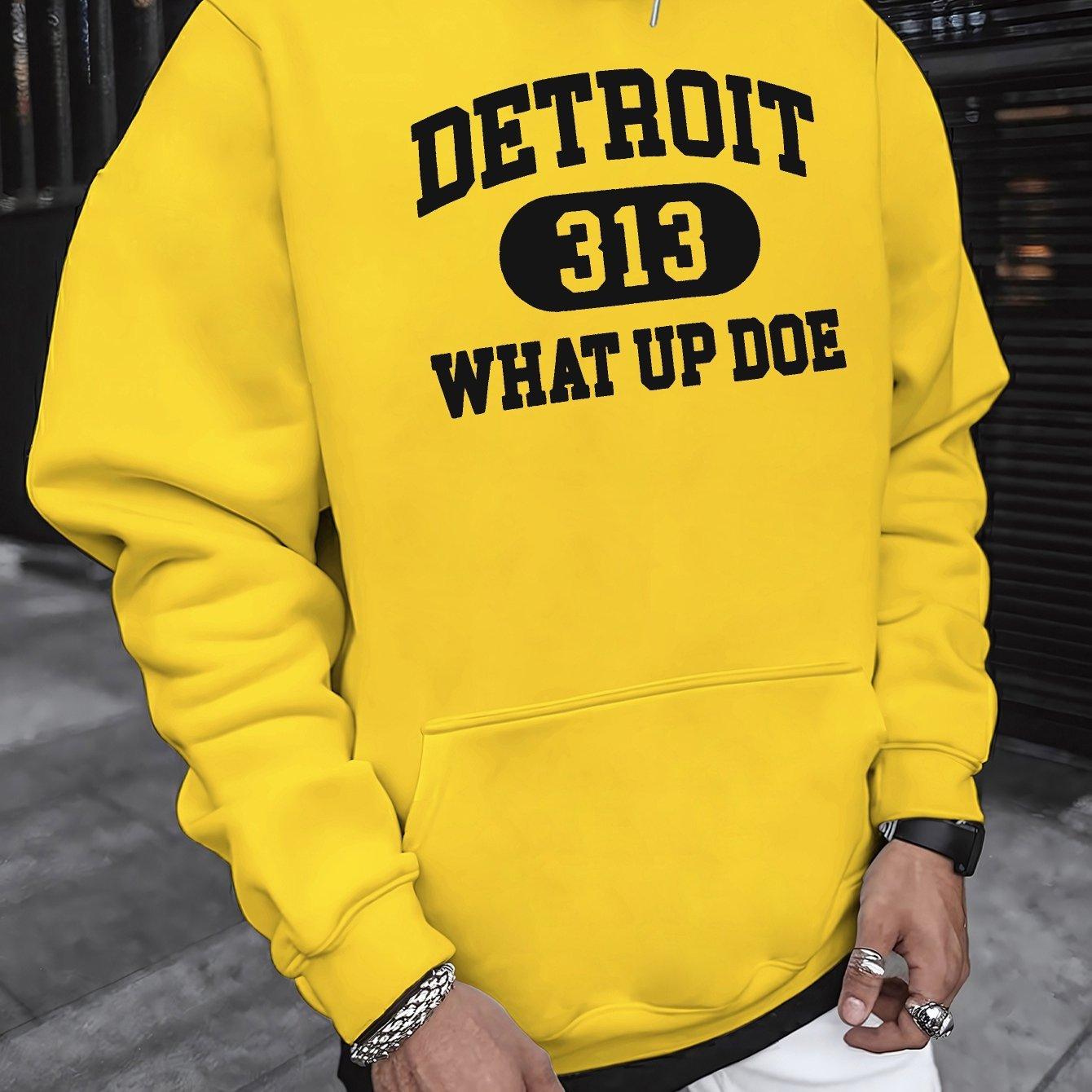 

DETROIT 313 WHAT UP DOE Men S Hooded Sweatshirt - Casual Long Sleeve, Printed Pullover for Autumn & Winter, loose Sweatshirts 3XL