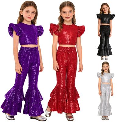 Conjunto de Top Corto de Lentejuelas para Niñas y Pantalones de Campana Cuello Redondo Manga de Mosca Diseño con Volantes Acampanado por Niveles Atuendo de Fiesta