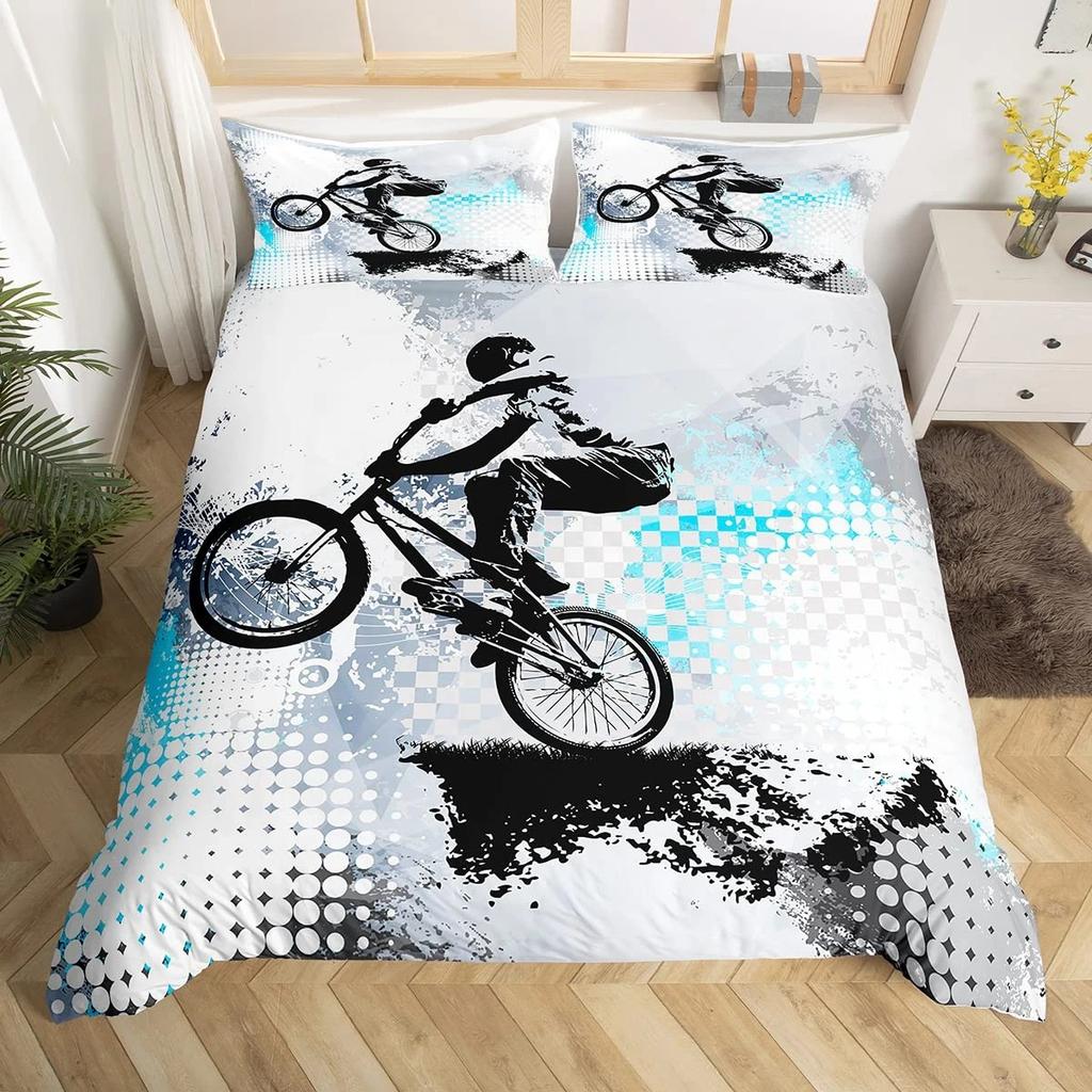 Dirt Bike King Queen Duvet Cover Motocross Sports Bedding Set Motorcycle Quilt Cover Youth Cool Black White Soft Comforter Cover