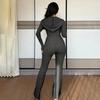 Damen 2-teilige Trainingsanzüge Reißverschluss Kapuzenpullover und Schlaghosen Gerippte Strick-Outfits Sexy Bodycon Workout-Trainingsanzüge