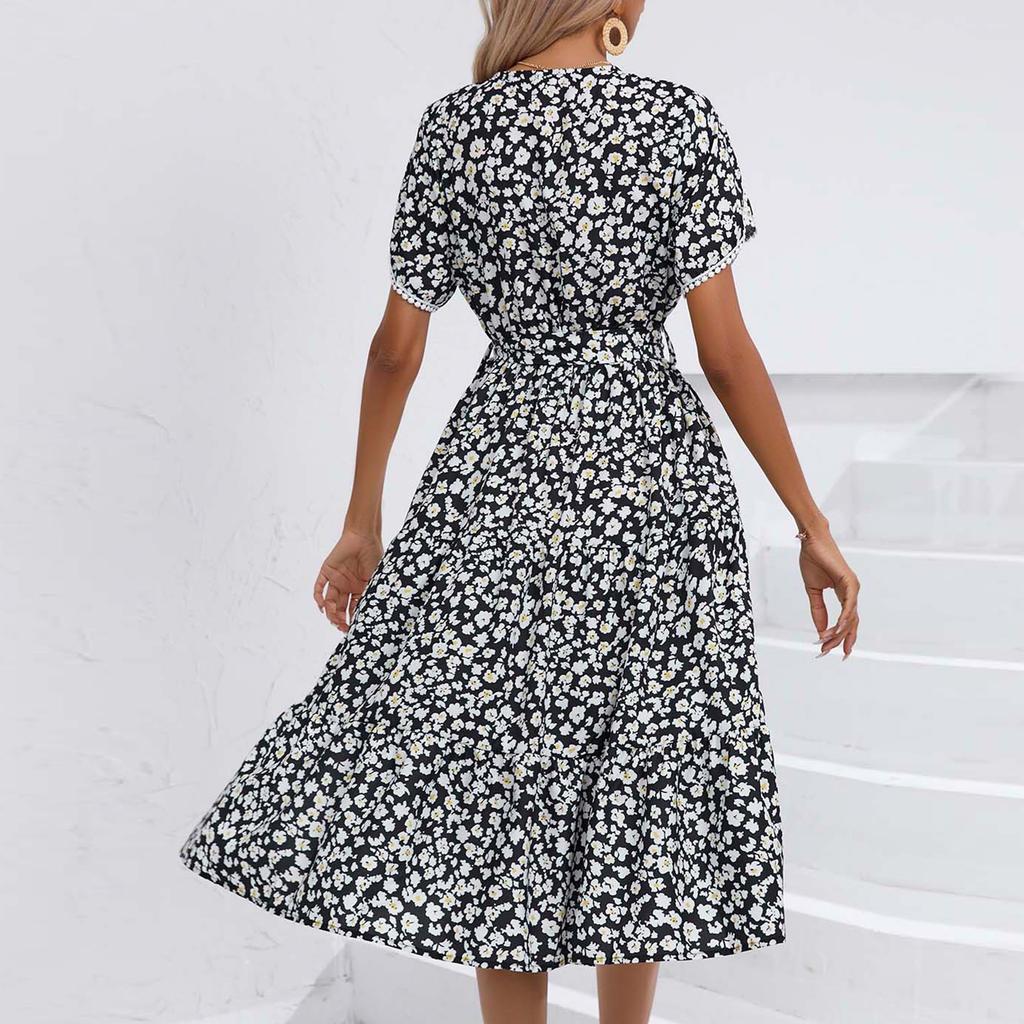 Women's Dresses Printed V-Neck Waisted Mid-Length Short Sleeve Irregular Dresses