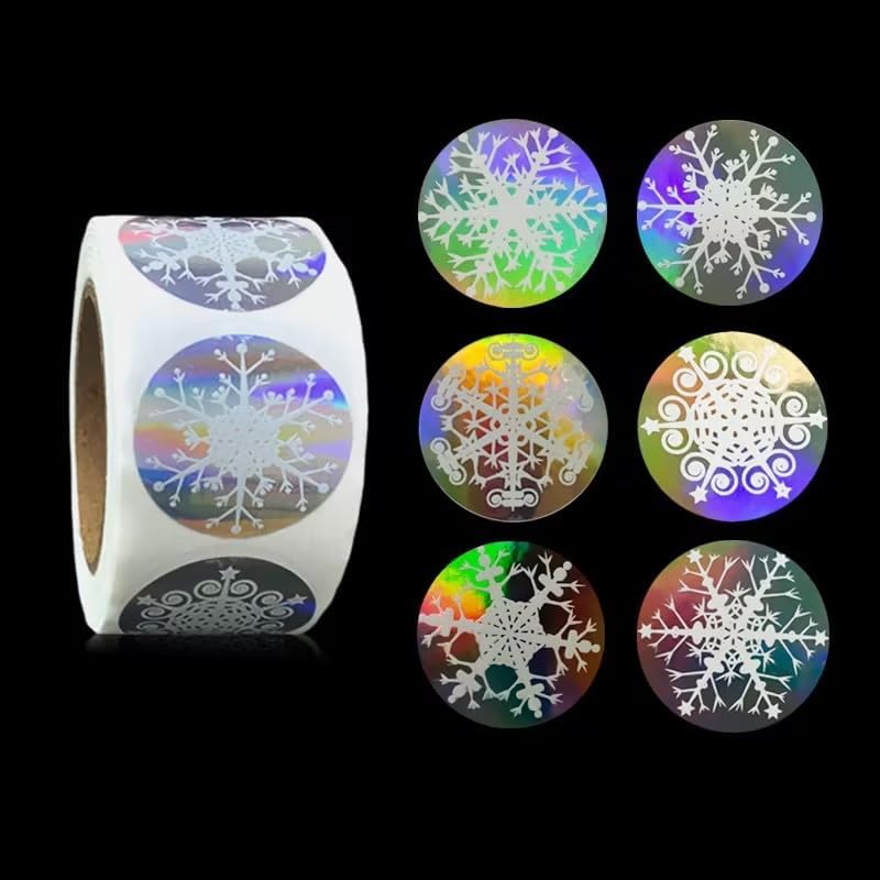 500 Pcs Holographic Snowflake Stickers,Christmas Adhesive Stickers Colorful Round Label Sticker for Envelope Cookie Candy Box (3.8cm)