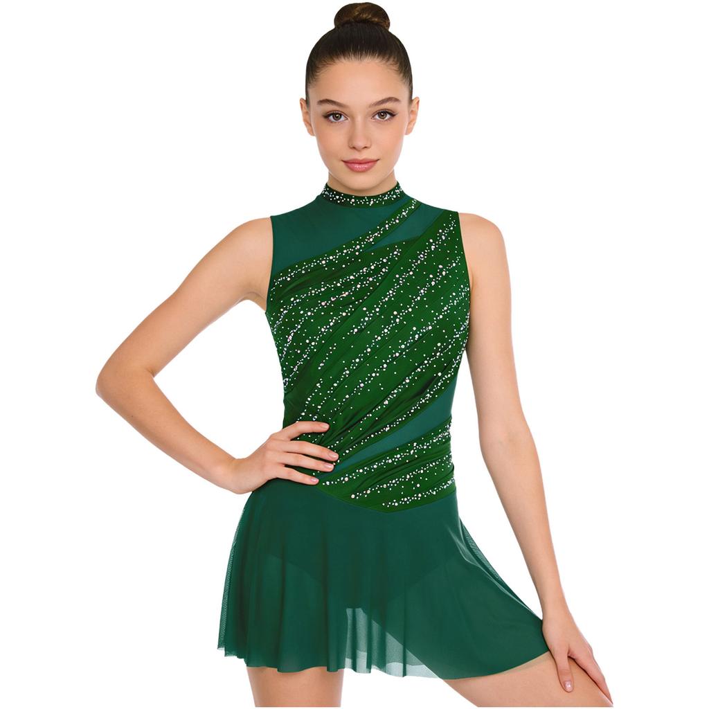 Women Ruched Dance Dress Shiny Rhinestone Sleeveless Lyrical Dancing Outfit
