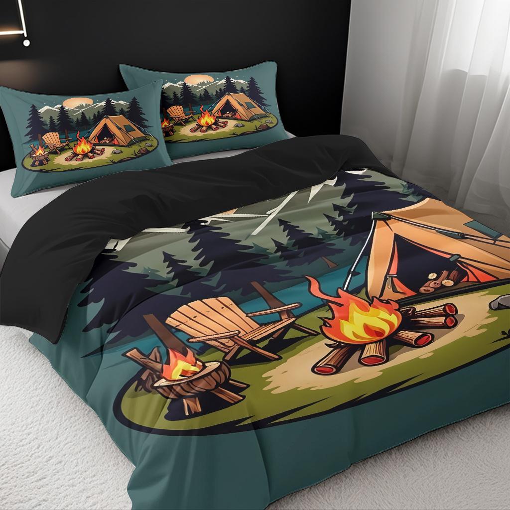 Cartoon Camping Tent Campfire Pattern Down Duvet Cover Set Fashionable Classic Popular Digital Printed Bedding Set HD Printing
