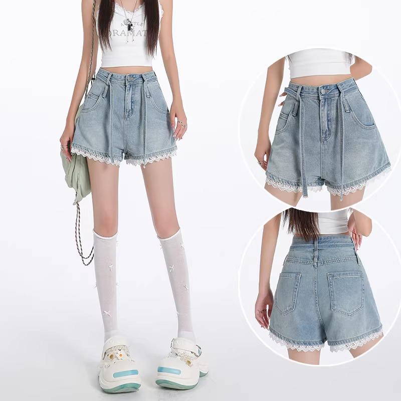 Plus Size Lace Trim High-Waist Denim Shorts - Women's Casual Loose A-Line Summer Pants