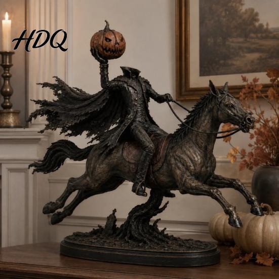 Miniature Warrior Figurine Halloween Knight On Horseback with Luminous Pumpkin Head Resin Figurine, Decorative Dark Gothic Home Decor Lighted