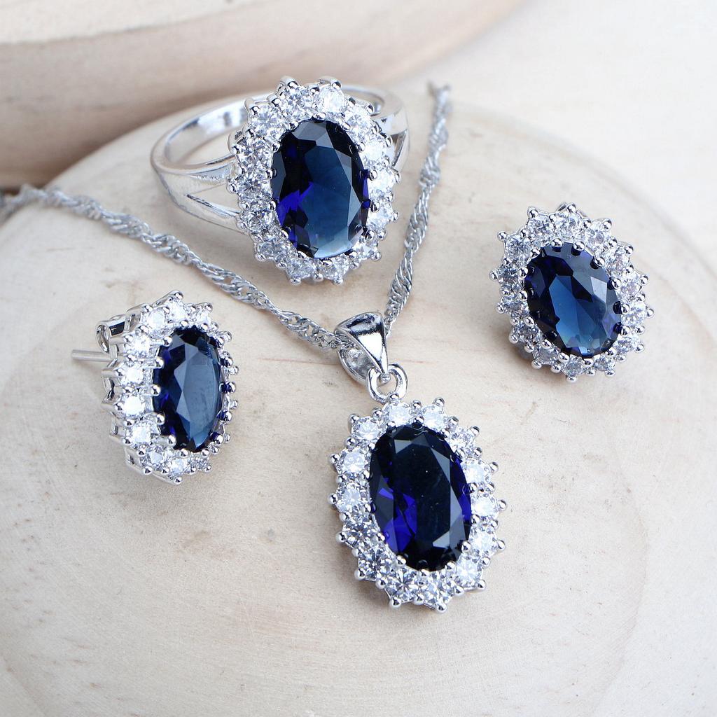 Srebro 925 Zestawy biżuterii ślubnej dla kobiet Niebieska cyrkonia Kostium Fine Jewelry Naszyjnik ślubny Kolczyki Pierścionki Bransoletki Zestaw wisiorków