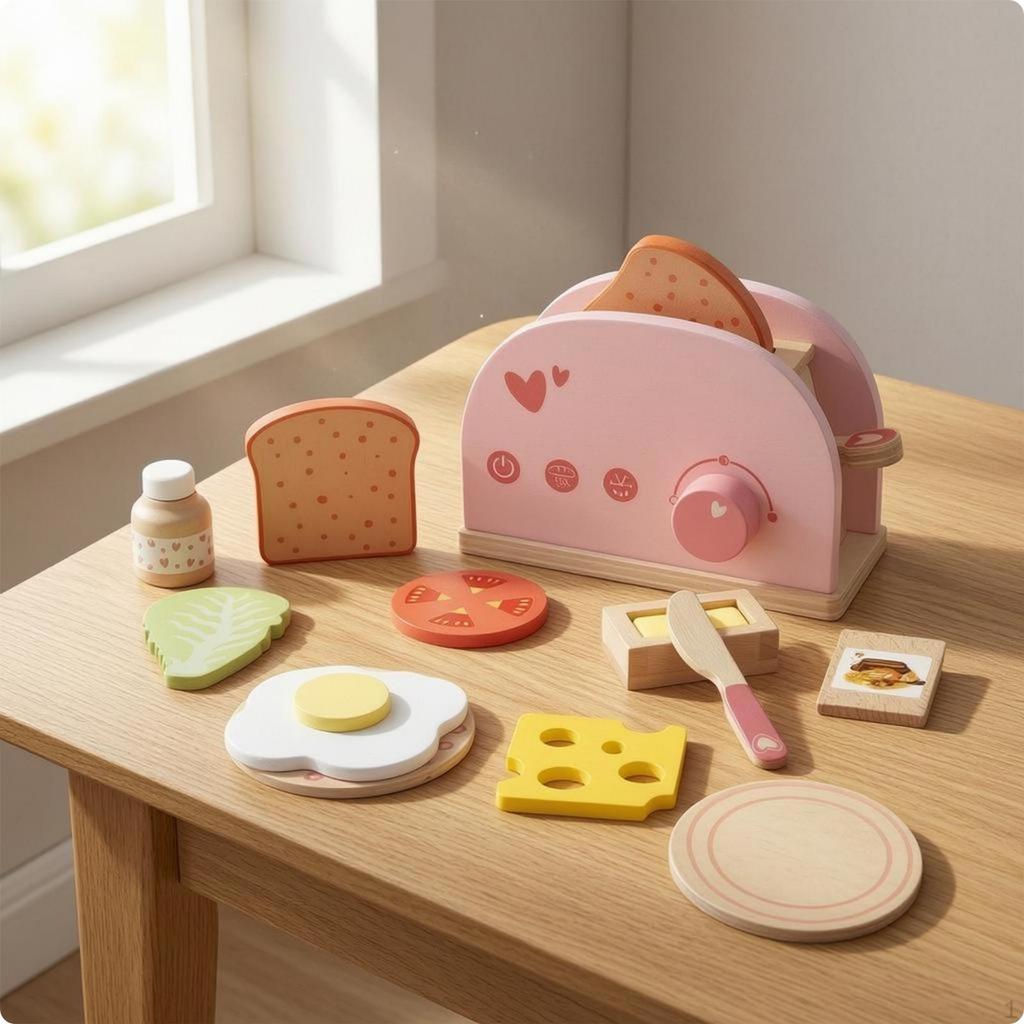 Wooden Toy Toaster Set Painted Pretend Rounded Fine Motor Skills for Children Pink