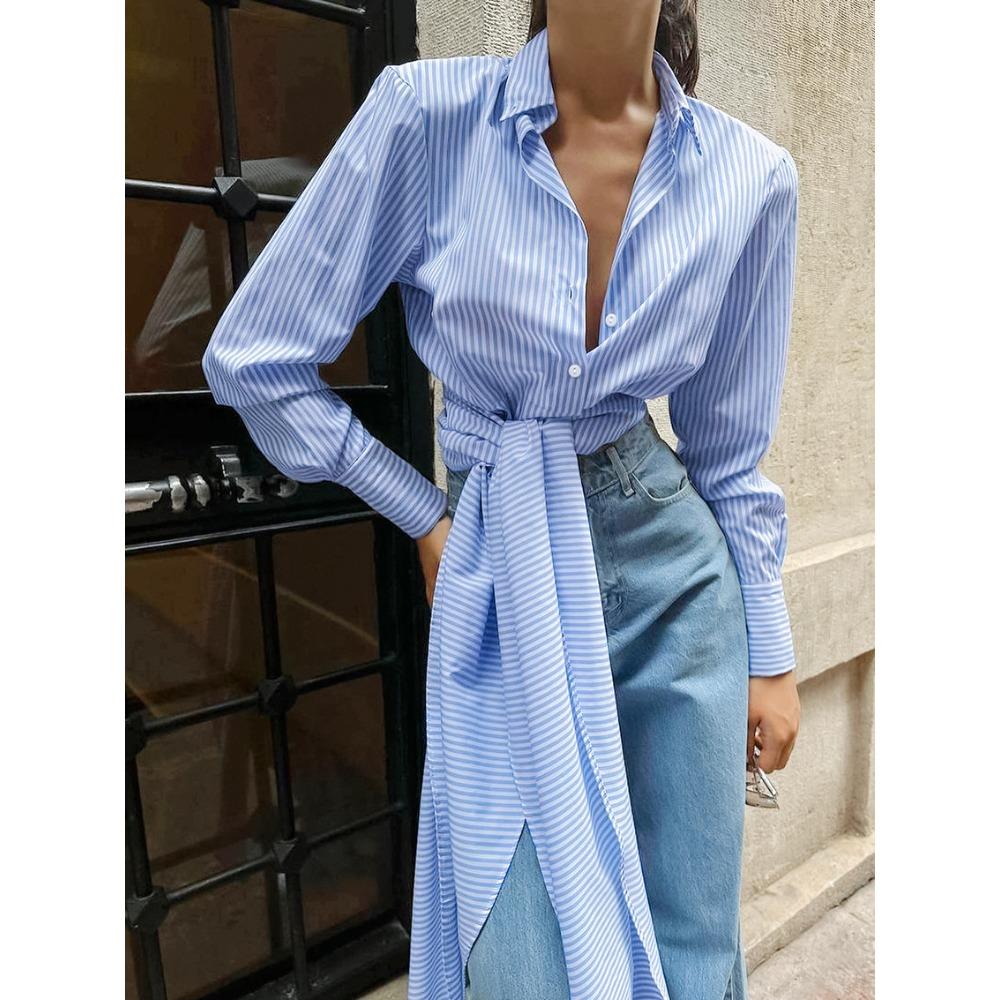 Autumn French striped niche long tie striped shirt, women s European and American long-sleeve commuter top S синий