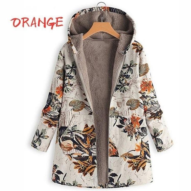 

Винтажное шерстяное пальто с цветочным принтом, женская повседневная куртка-кафтан с капюшоном, теплое, топ на молнии 5XL оранжевый