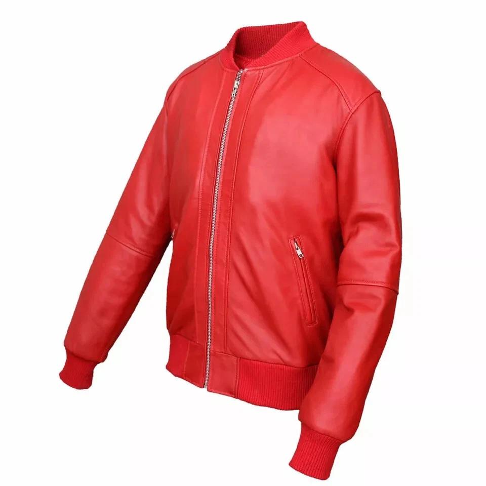 Warme Weiche Handgemachte Herren Rote Neue Leder Lammfell Echte Bikerjacke Stilvolle Motorrad