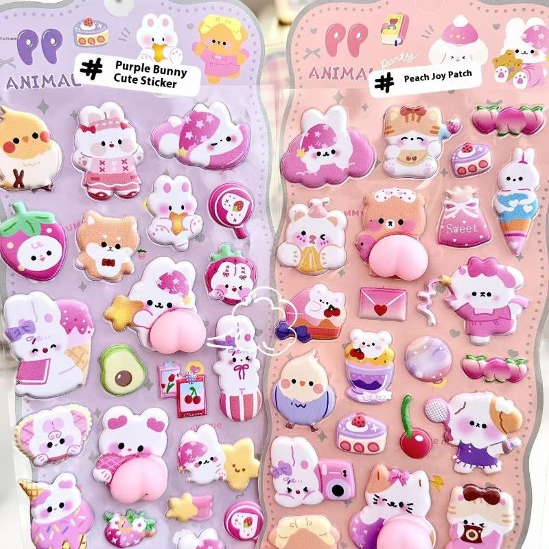1/4Pcs DIY Decor Stickers Stereoscopic Cute Animals Fart Peach Stereo Relieve Stress Decals Cartoon 3D Relief Sticker Supplies