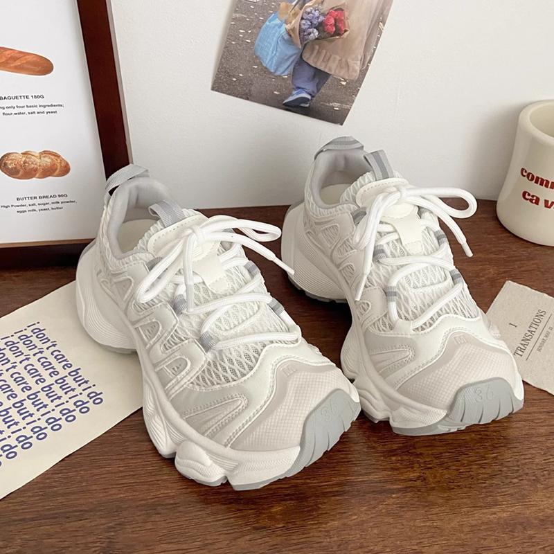 Breathable Mesh Thick Bottom Sneakers Women 2025 Autumn Chunky Platform Medium Heel Sneakers Comfort Soft Lace Up Running Shoes
