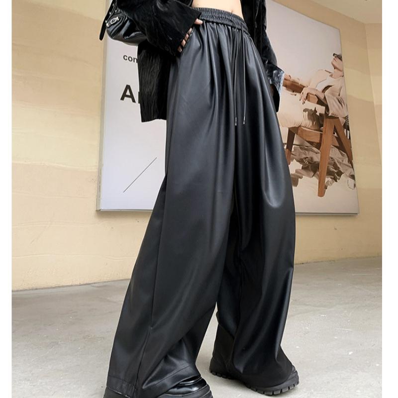 Pantalones de Moda Urbana Negros de Cuero PU de Pierna Ancha para Mujer Sólidos Rectos Sueltos Casuales Pantalones Elegantes de Cintura Alta Ajustados Vintage para Dama 25620