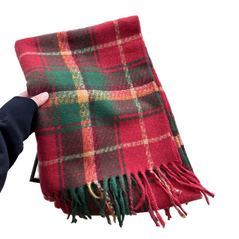 Women's Red Plaid Cashmere-Like Scarf Shawl - Warm, Versatile, Fashionable for Autumn and Winter