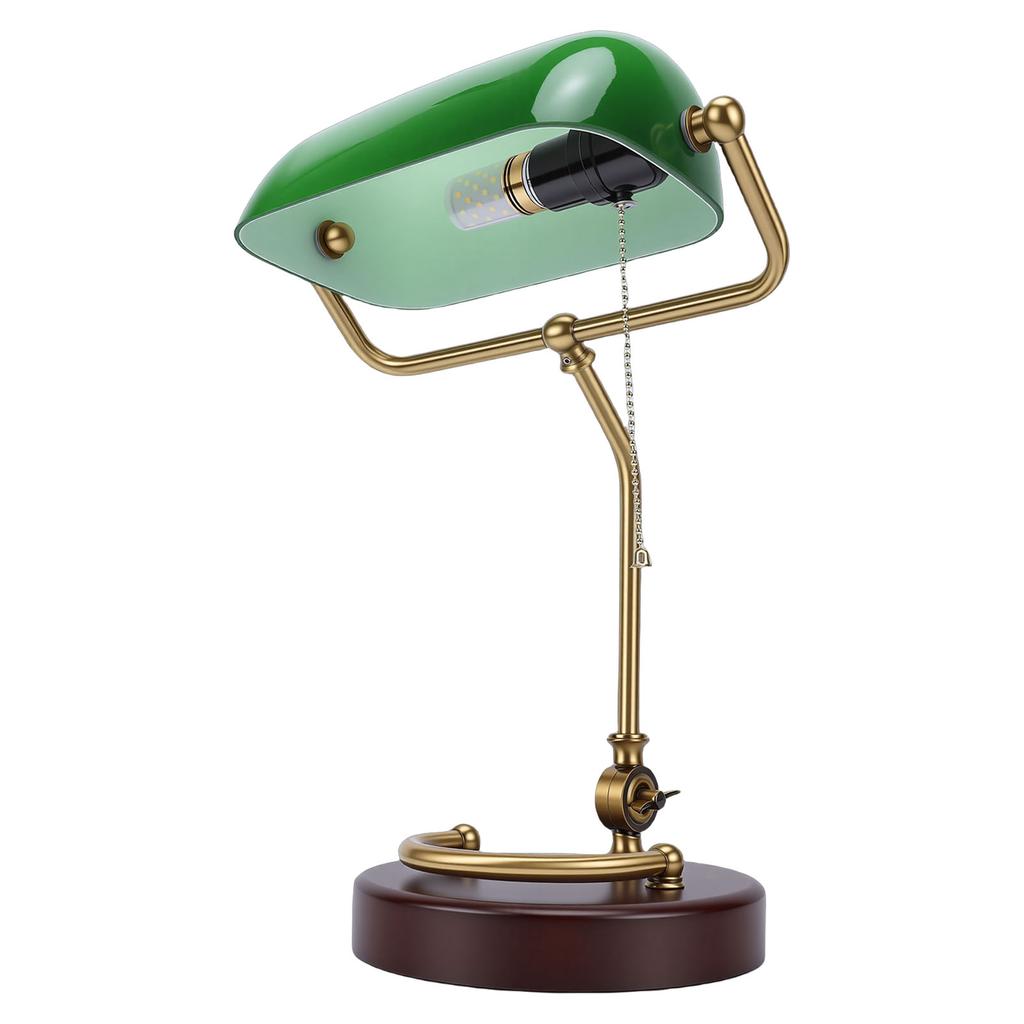 Vintage Schreibtischlampe 350 Grad drehbar Antike Tischlampe mit Zugschalter Holzsockel Glasschirm für Schlafzimmer Wohnzimmer