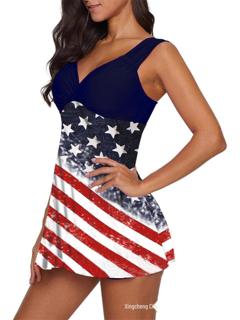 2025 European & American Plus Size Digital Print Tankini Skirt-Style Swimsuit