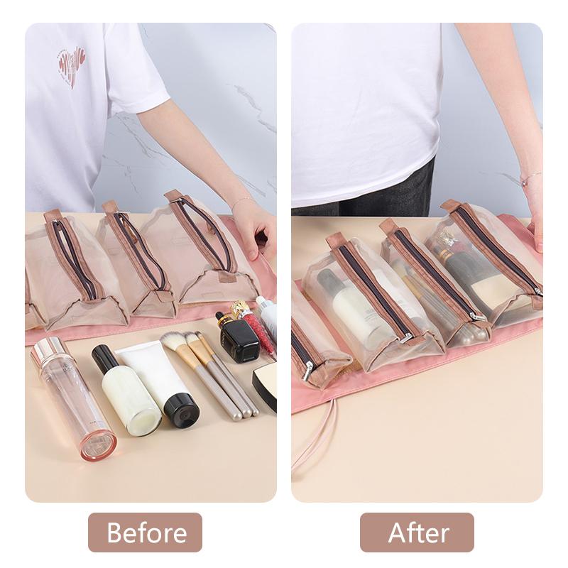 Foldable Detachable Makeup Pouches 4 In1 Portable Travel Cosmetic Bag Transparent Mesh Toiletry Kits Makeup Brush Storage