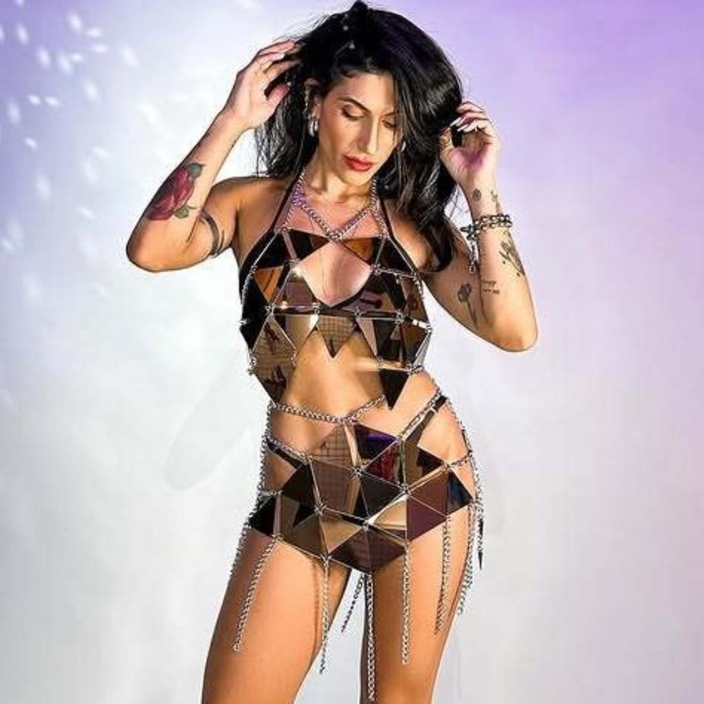 Coachella Rave Top Set with Glitter Bustier and Body Jewelry Festival Sequined Body Chain and Bustier Crop Top Set