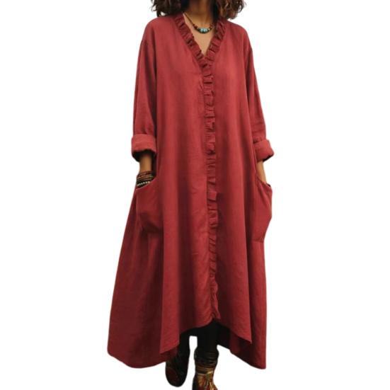 Women s Ruffle Trim V Neck Casual Loose Long Dress Summer Sleeve Maxi Dress Flowy Boho Beach XL красный