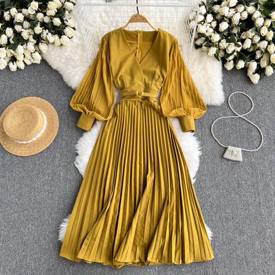 Women Dress  Spring Long Sleeve High Waist Sash Bandage Big Swing Long Dress Pop Fashion Pleated Party Vestidos
