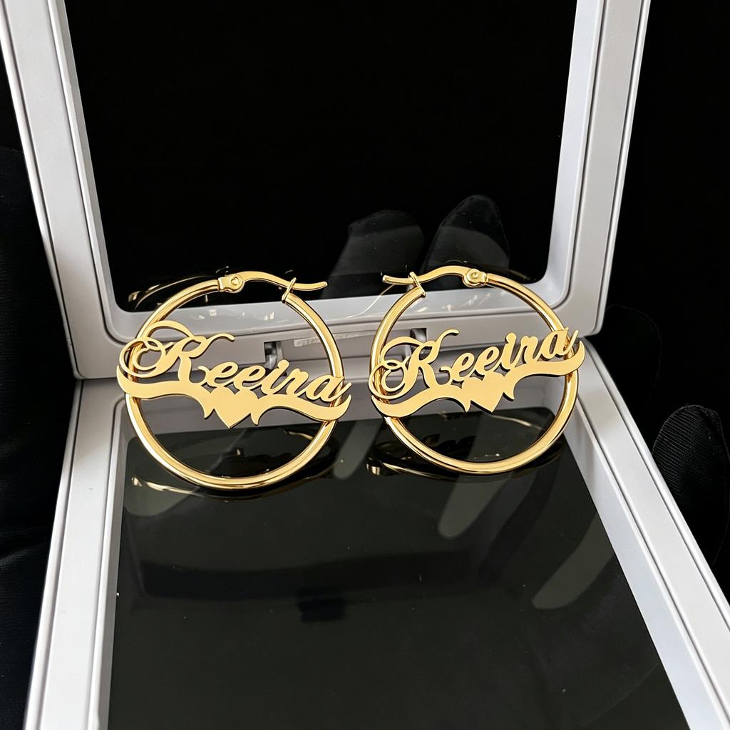 Stainless Steel Custom Personalized Name Hoop Earrings 18K Gold Plated Large Nameplate Jewelry for Women Girls Moms Gifts