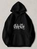 Black Pullover Hoodie with White Gothic "Solely The" Text Print Long Sleeve Drawstring Sweatshirt with Kangaroo Pocket Casual Stre
