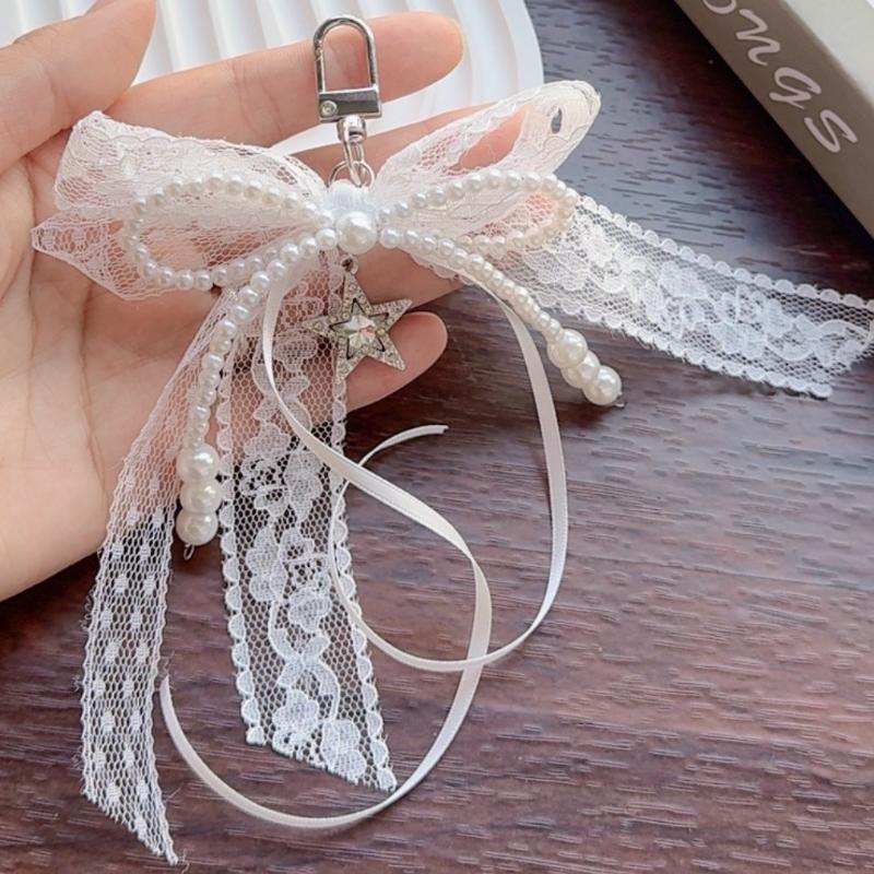 Y2K Trendy Lace Ribbon Bow Keychain Sweet Cool Girly Keyring Bag Pendant Key Hanging Decoration Keycord Girl Gifts