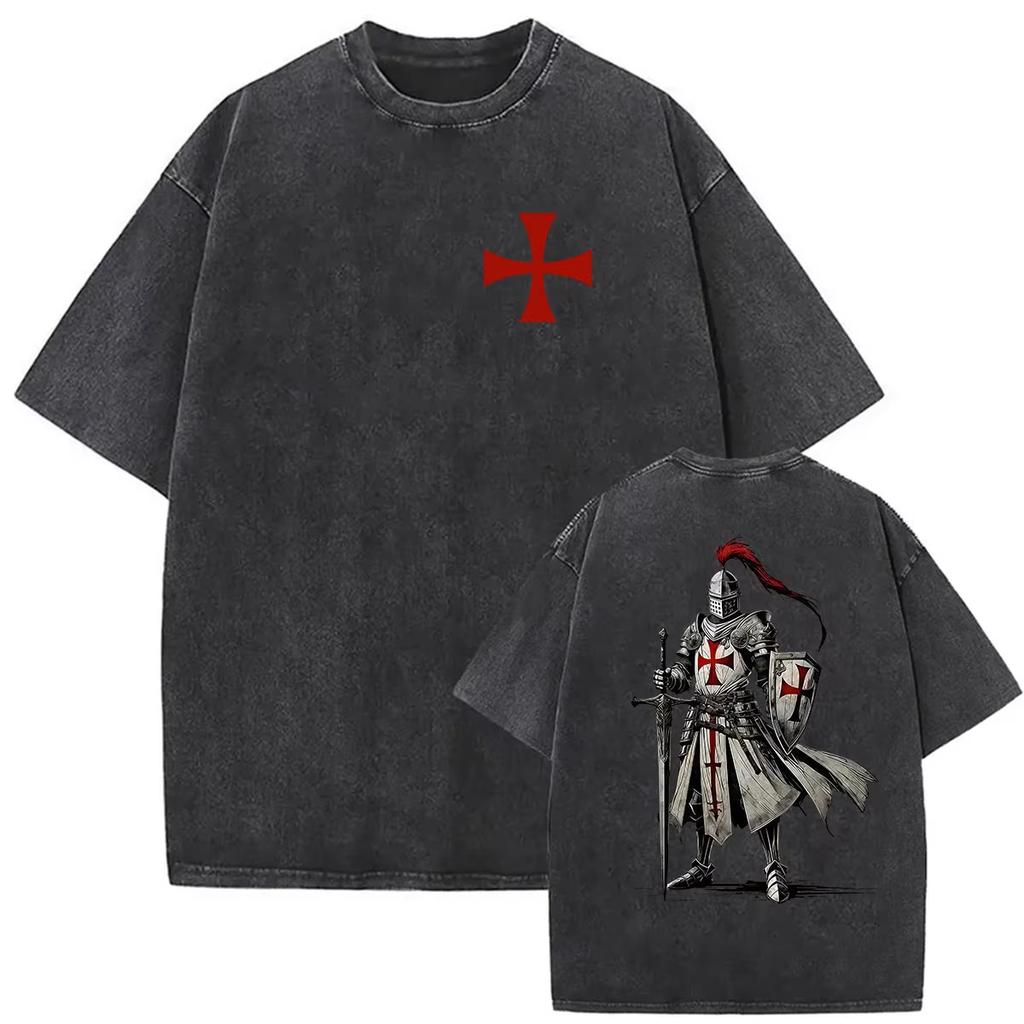 Knights Templar Graphic Tshirt Vintage Washed Gothic Streetwear Medieval Unisex Oversized Crew Neck Cotton Short Sleeve Tee Top