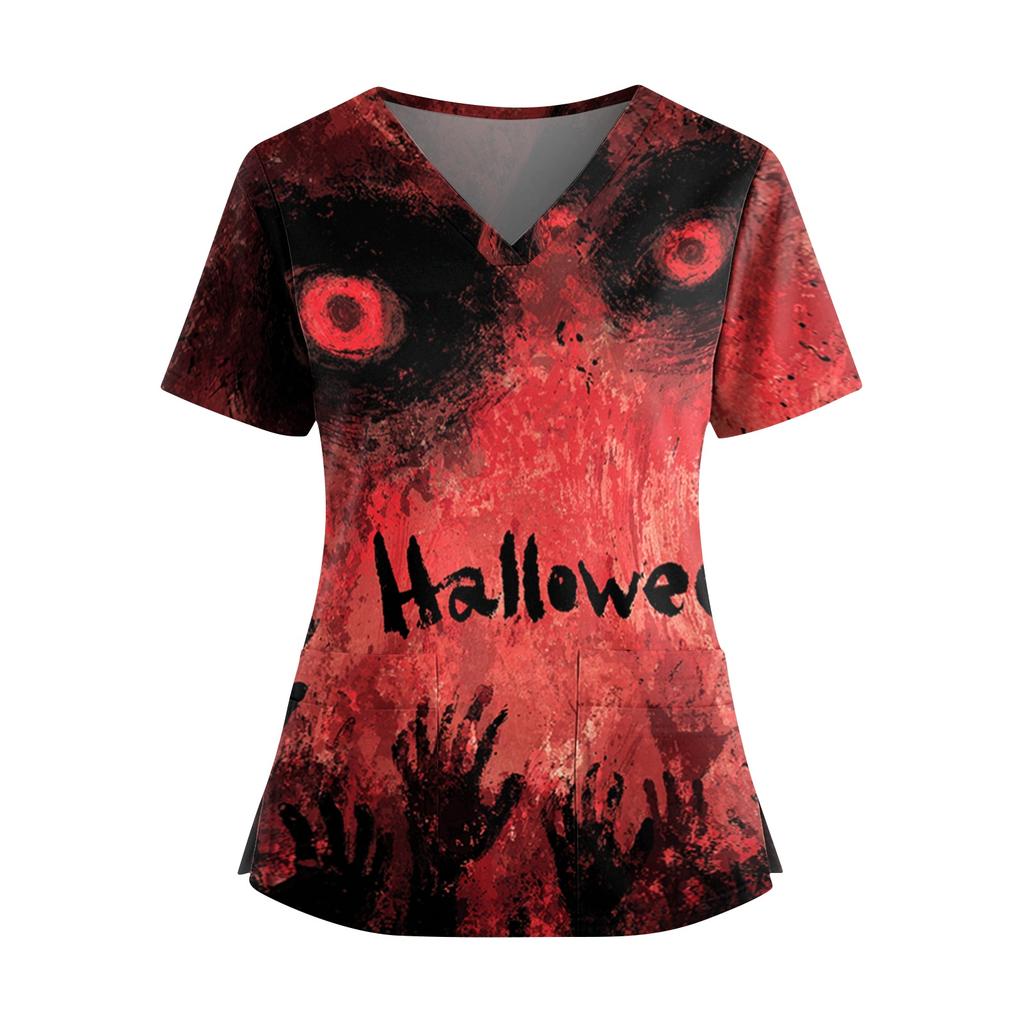 Damen Halloween Print V-Ausschnitt Kurzarm Kasack mit Doppeltaschen und Seitenschlitz